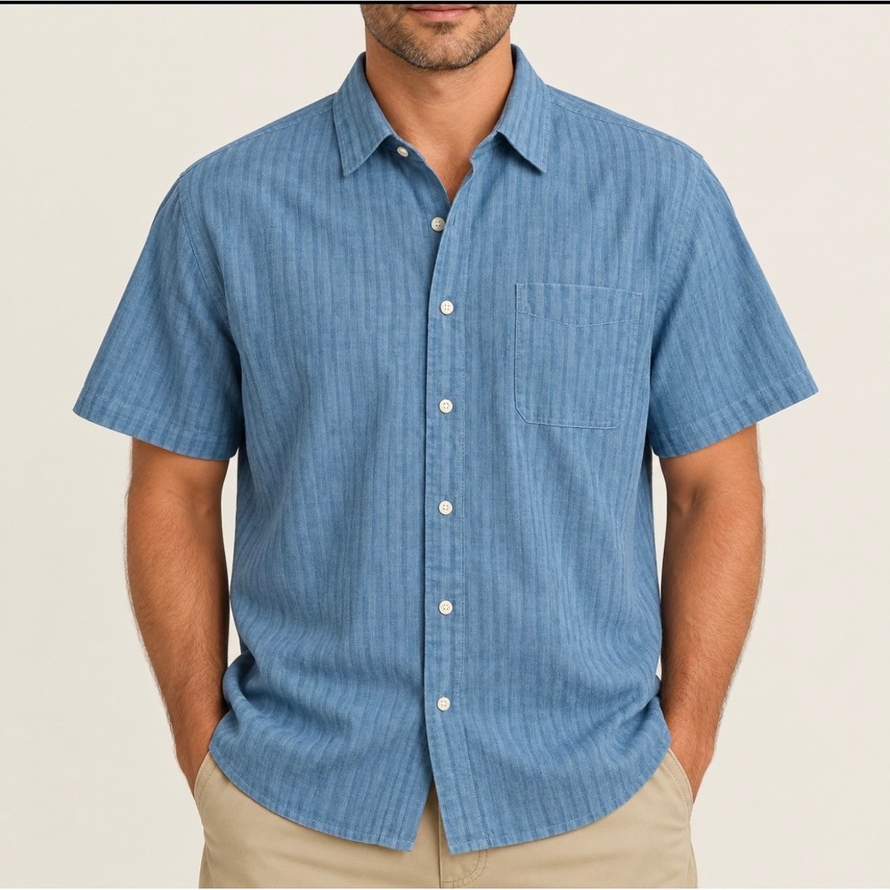 Roundtree & Yorke Shirt XL Blue GOOD Short Sleeve Textured Button Down Cotton